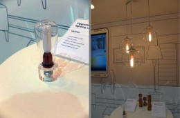 左:日本では見かけない多様性を訴求したLED電球。右:使用例。ガラスのペンダント照明が活きてくる。